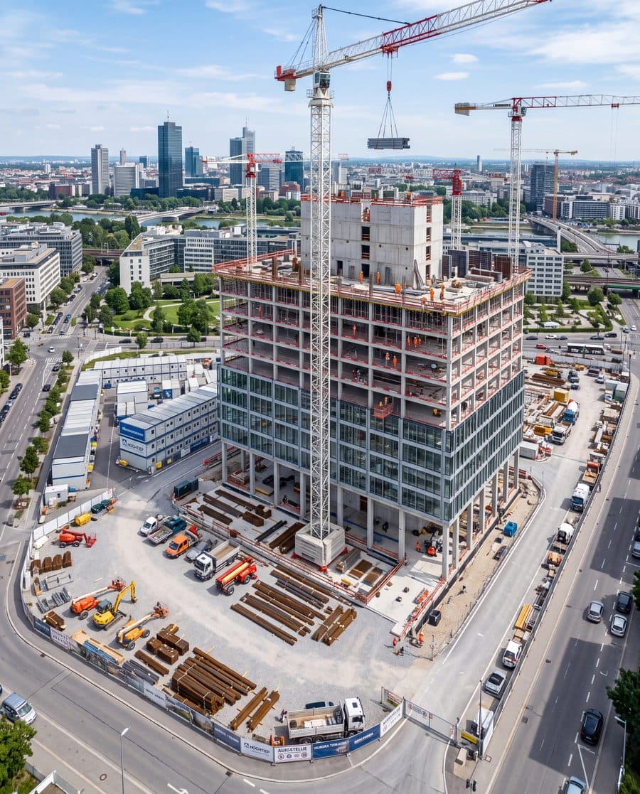 Hochbaustelle mit Turmdrehkränen und Baucontainern