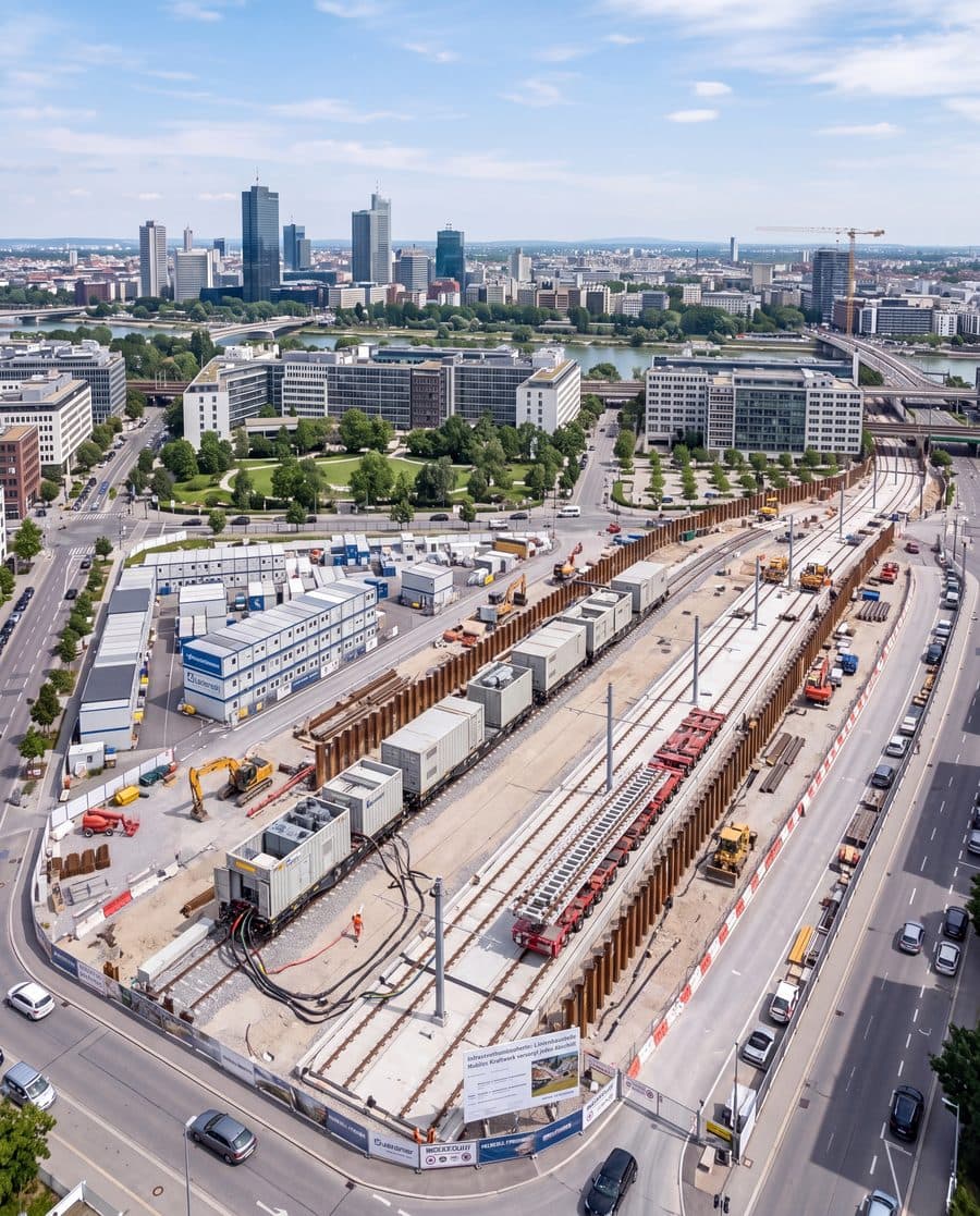 Linienbaustelle einer Schienenstrecke im Stadtgebiet