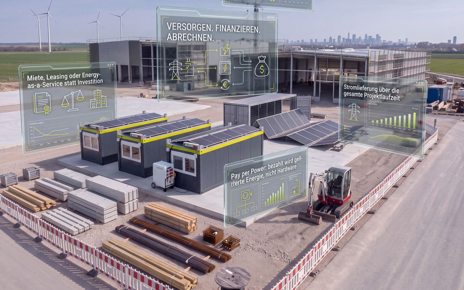 Baustelle mit Energiecontainern, darüber Overlays zu Miete, Pay per Power, Stromlieferung und Abrechnung