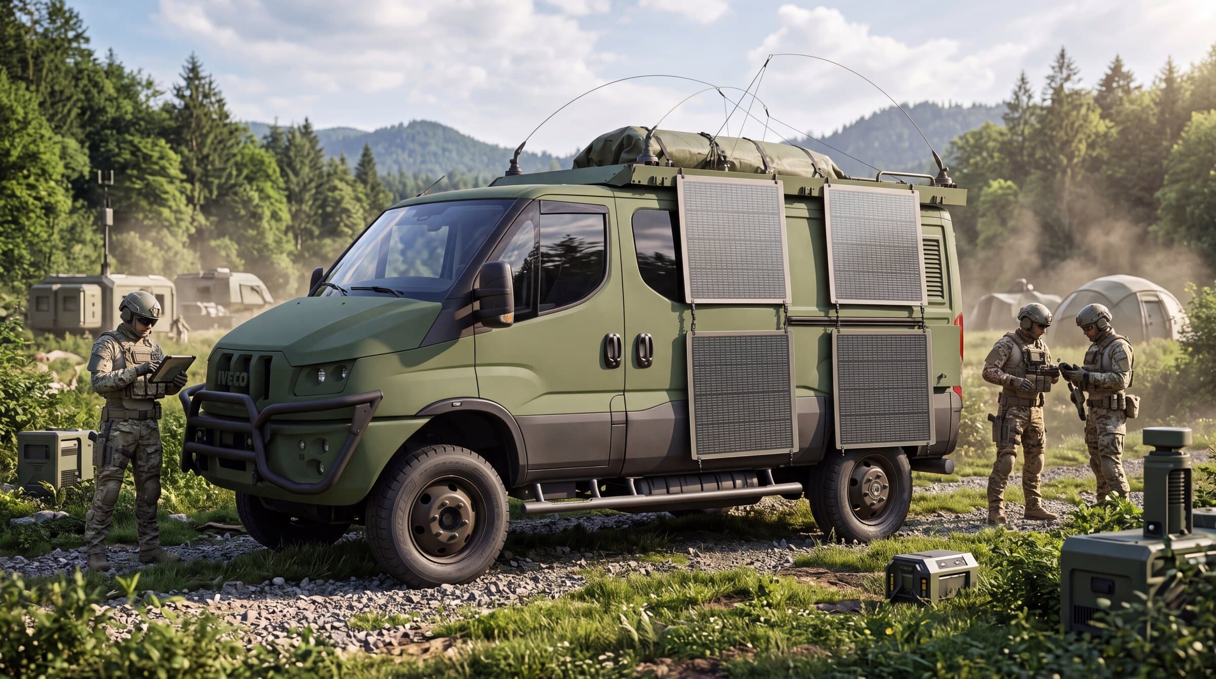 SOLAR SHIELD Module seitlich an einem Einsatzfahrzeug, Betrieb im Feld ohne Dieselaggregat