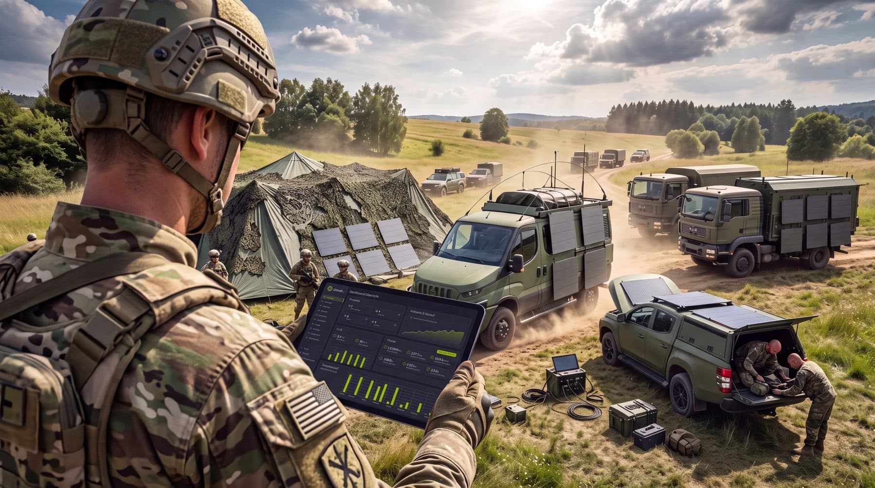 Soldat mit Tablet-Lagebild vor Feldlager, Fahrzeugen und SOLAR-SHIELD-Modulen