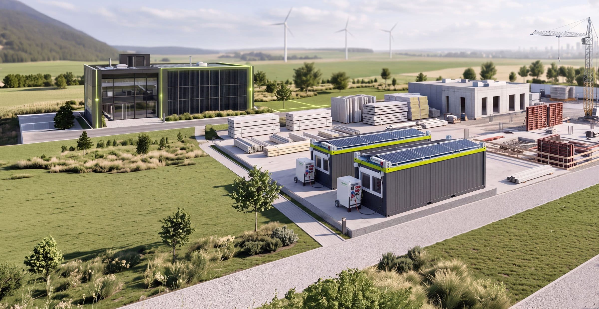 Baustelle mit mobilen Containern, POWERTOP-Dächern und PV-Flächen als mobiles Kraftwerk