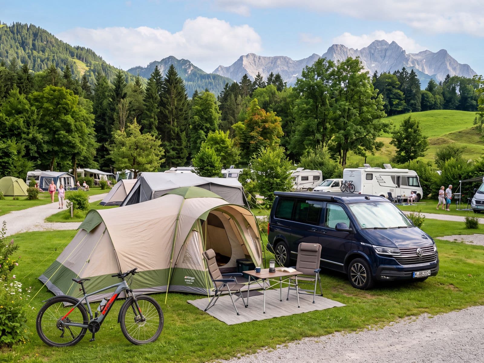 Campingplatz mit Zelten, Campervans und Bergpanorama
