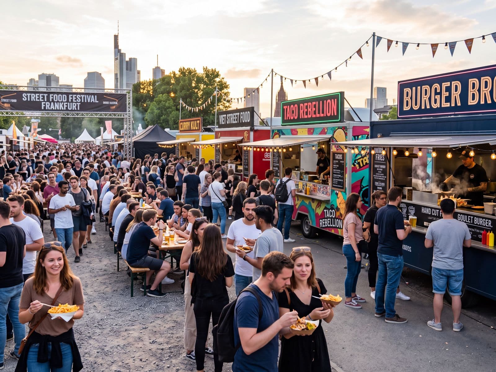 Streetfood-Festival mit Foodtrucks und Gästen am Abend
