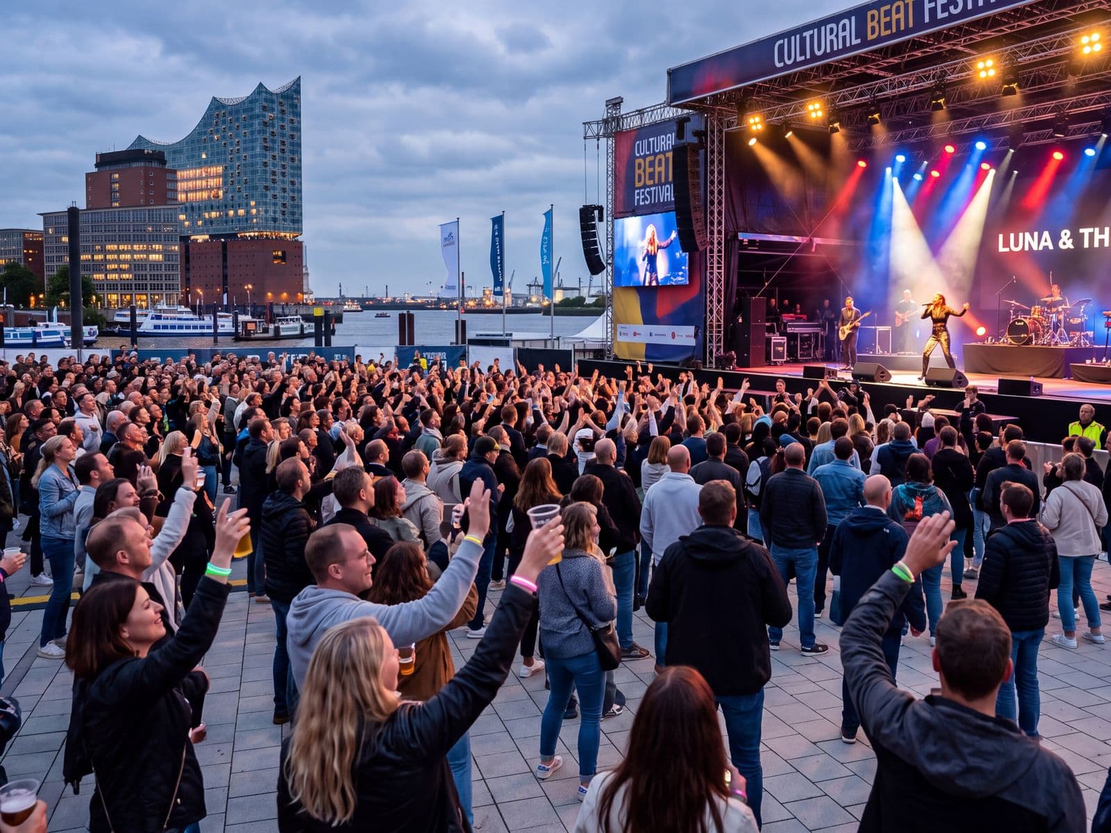 Open-Air-Konzert am Hafen mit Bühne und Publikum am Abend