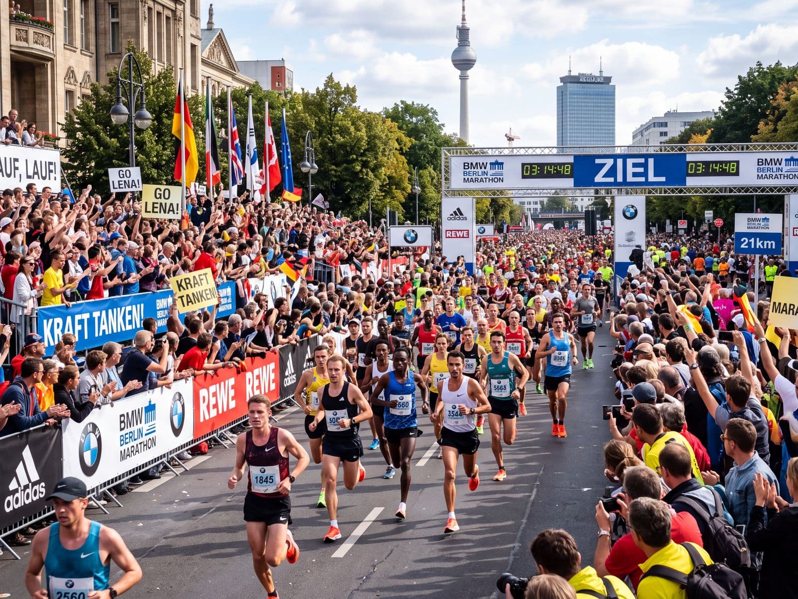 Läuferfeld eines Stadtmarathons kurz vor dem Zielbogen