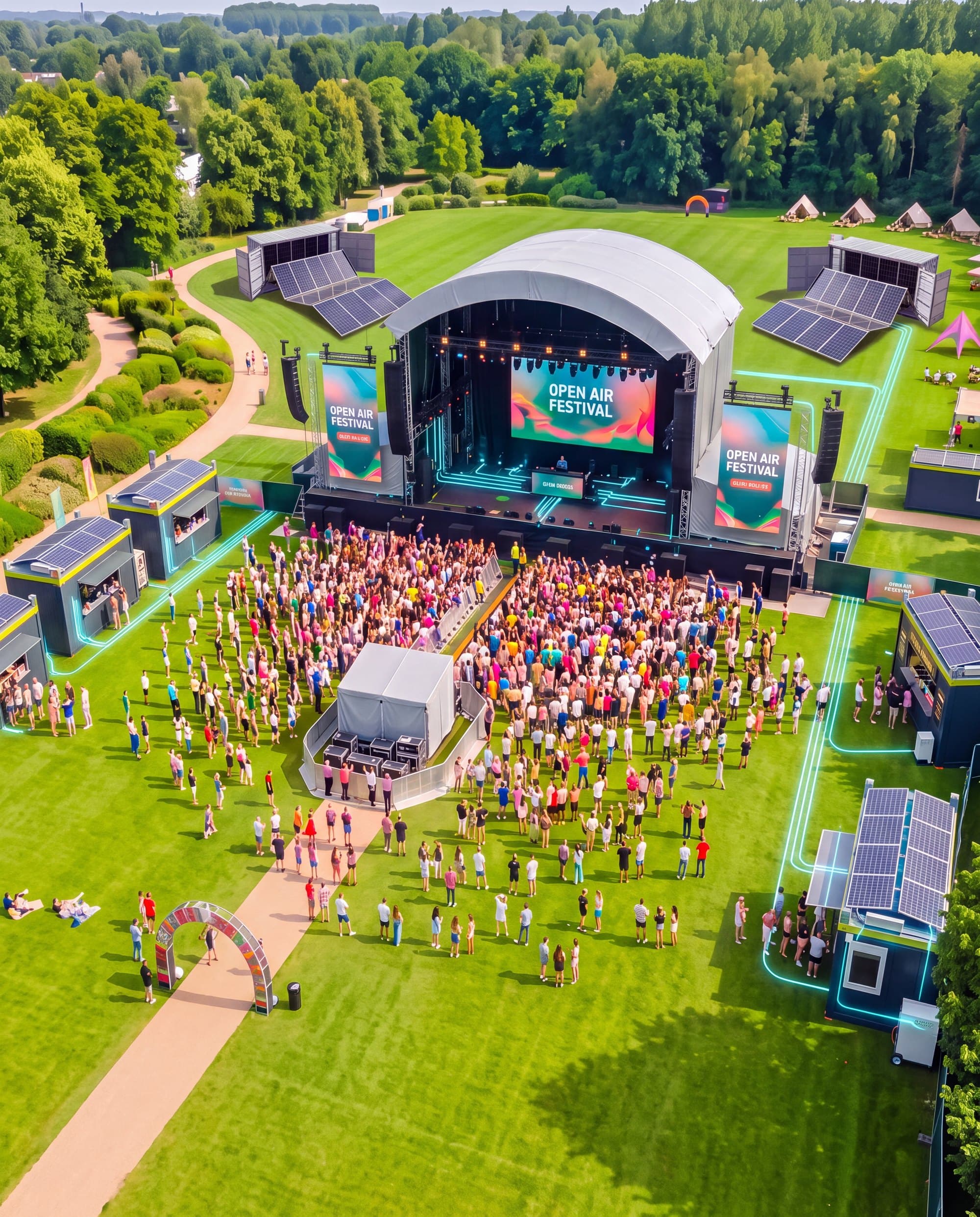 Festivalgelände aus der Luft mit Energieverteilung zwischen Bühne, Gastronomie und Technik