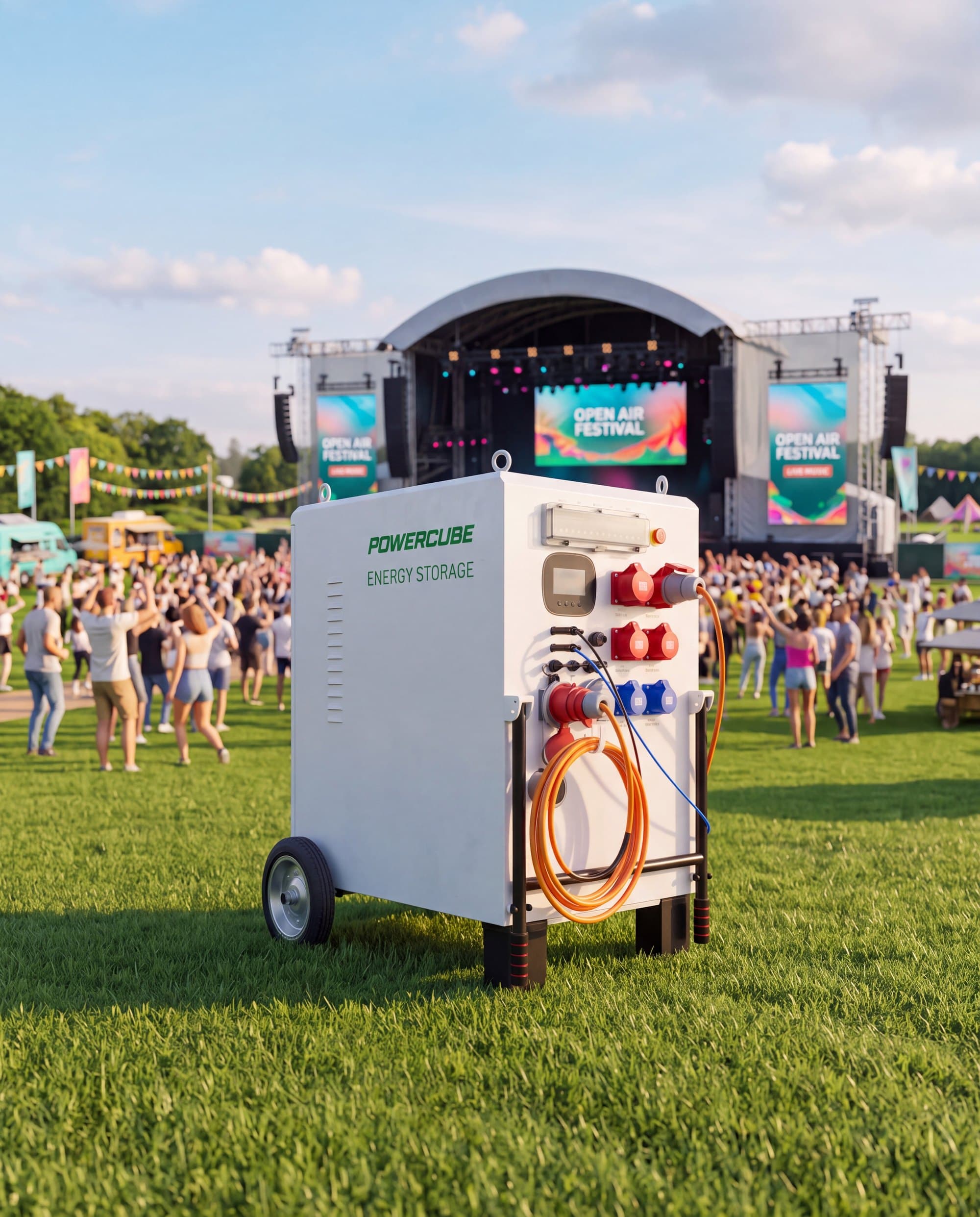 Mobiler Batteriespeicher POWERCUBE vor der Bühne eines Open-Air-Festivals