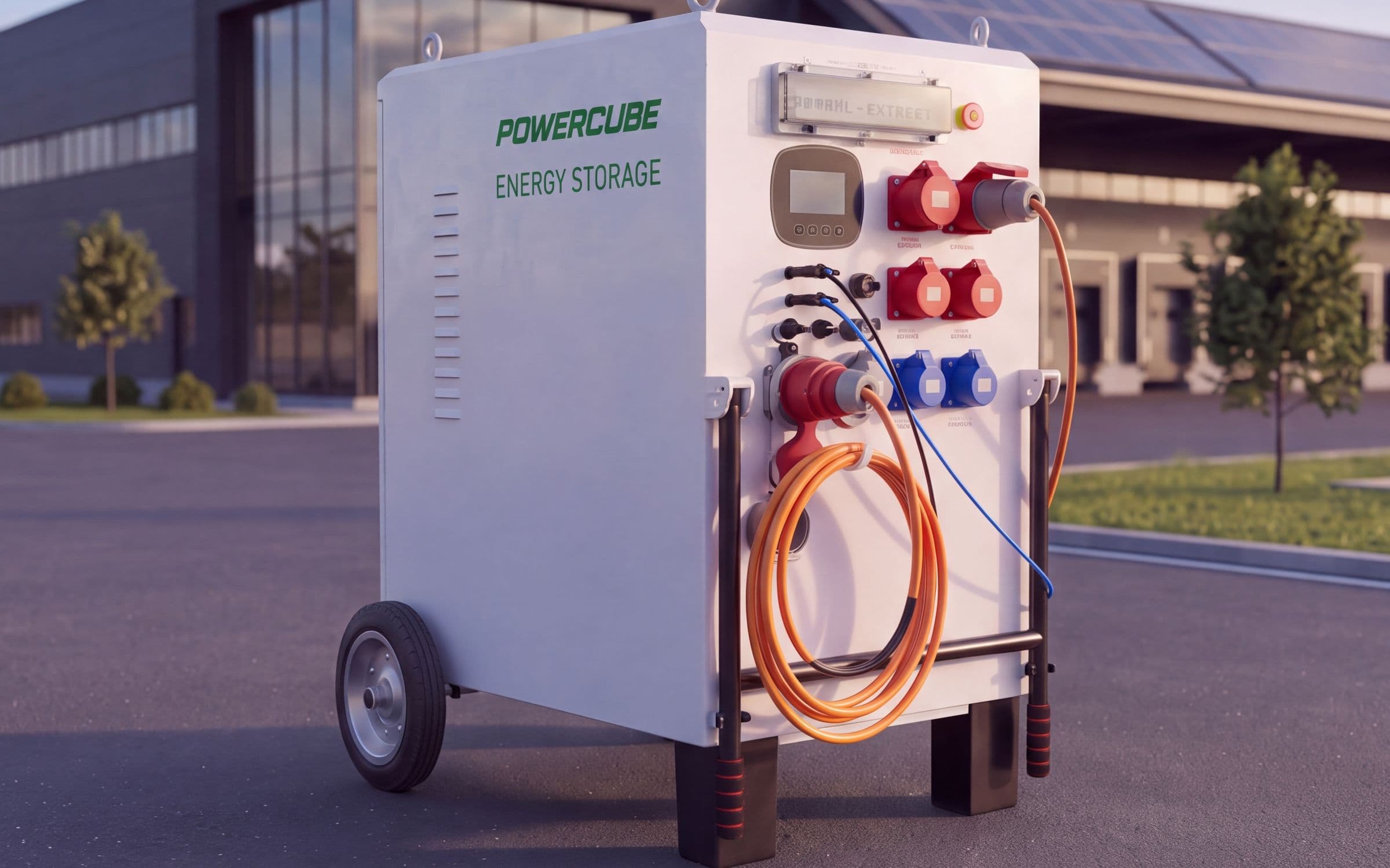 Mobiler POWERCUBE-Speicher vor dem Werk: das.os regelt Ladestand und Lastverteilung