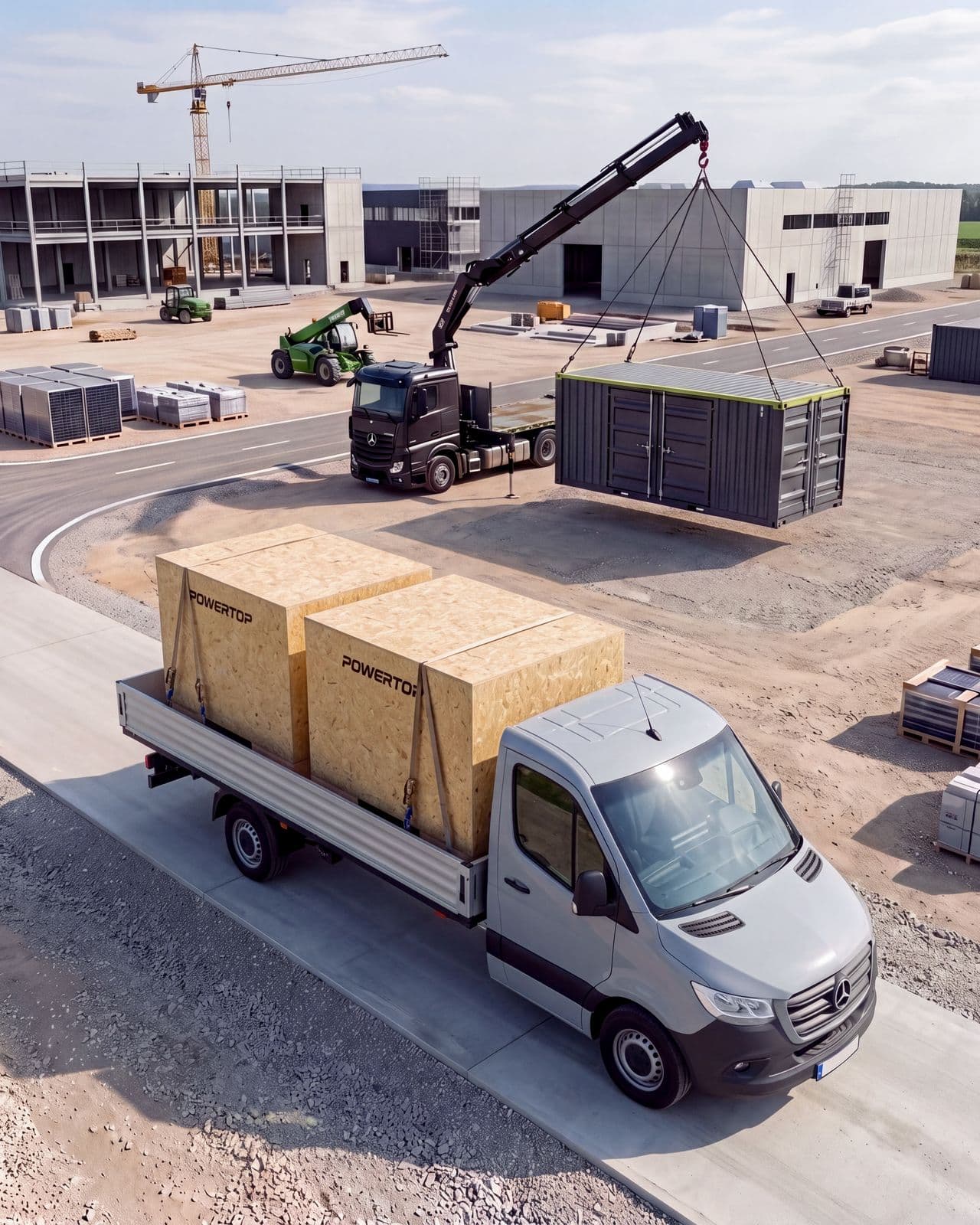 Kran hebt einen Energiecontainer auf die Baustelle, Transporter liefert POWERTOP-Kisten an