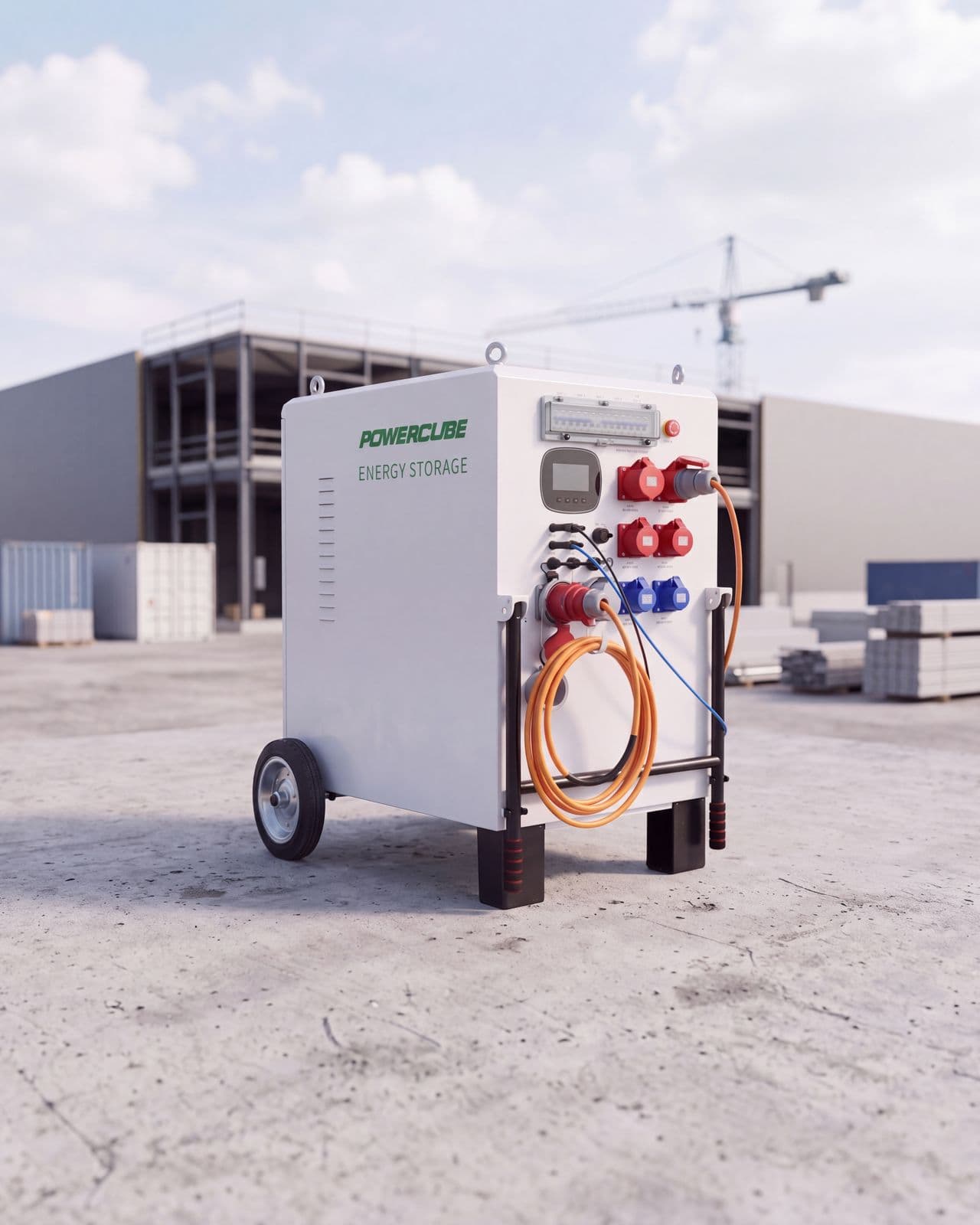 Mobiler Batteriespeicher POWERCUBE auf der Baustelle vor dem Rohbau