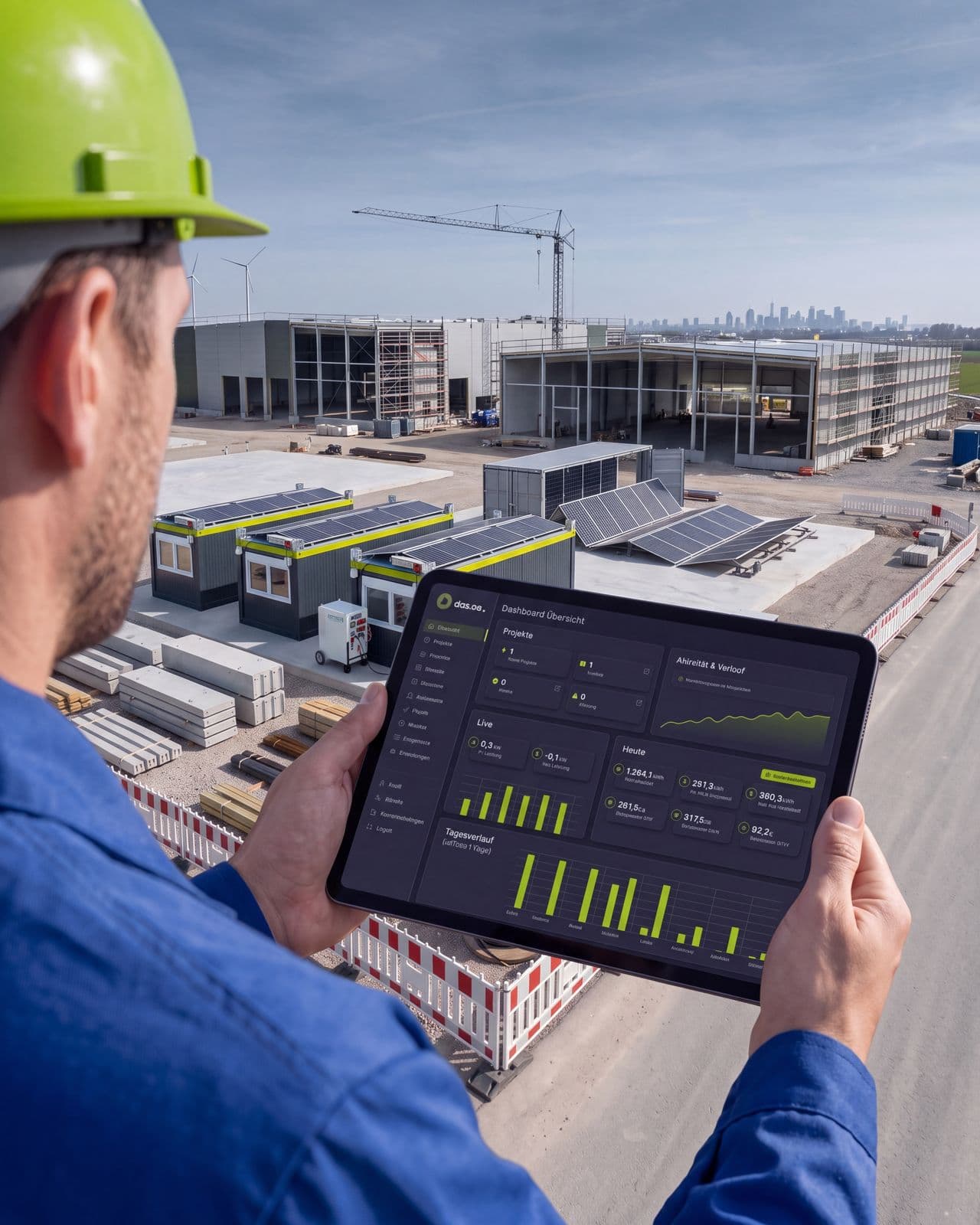 Bauleiter mit Tablet über der Baustelle, darauf das.os Dashboard mit Live-Leistung und Tagesverlauf