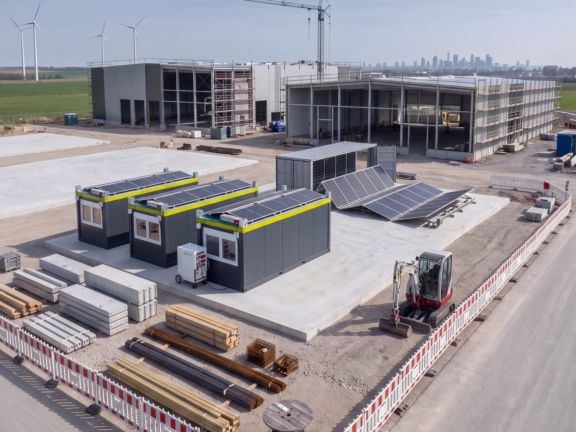 Baustelle aus der Luft mit POWERTOP-Containern, POWERCUBE und PV-Freifläche
