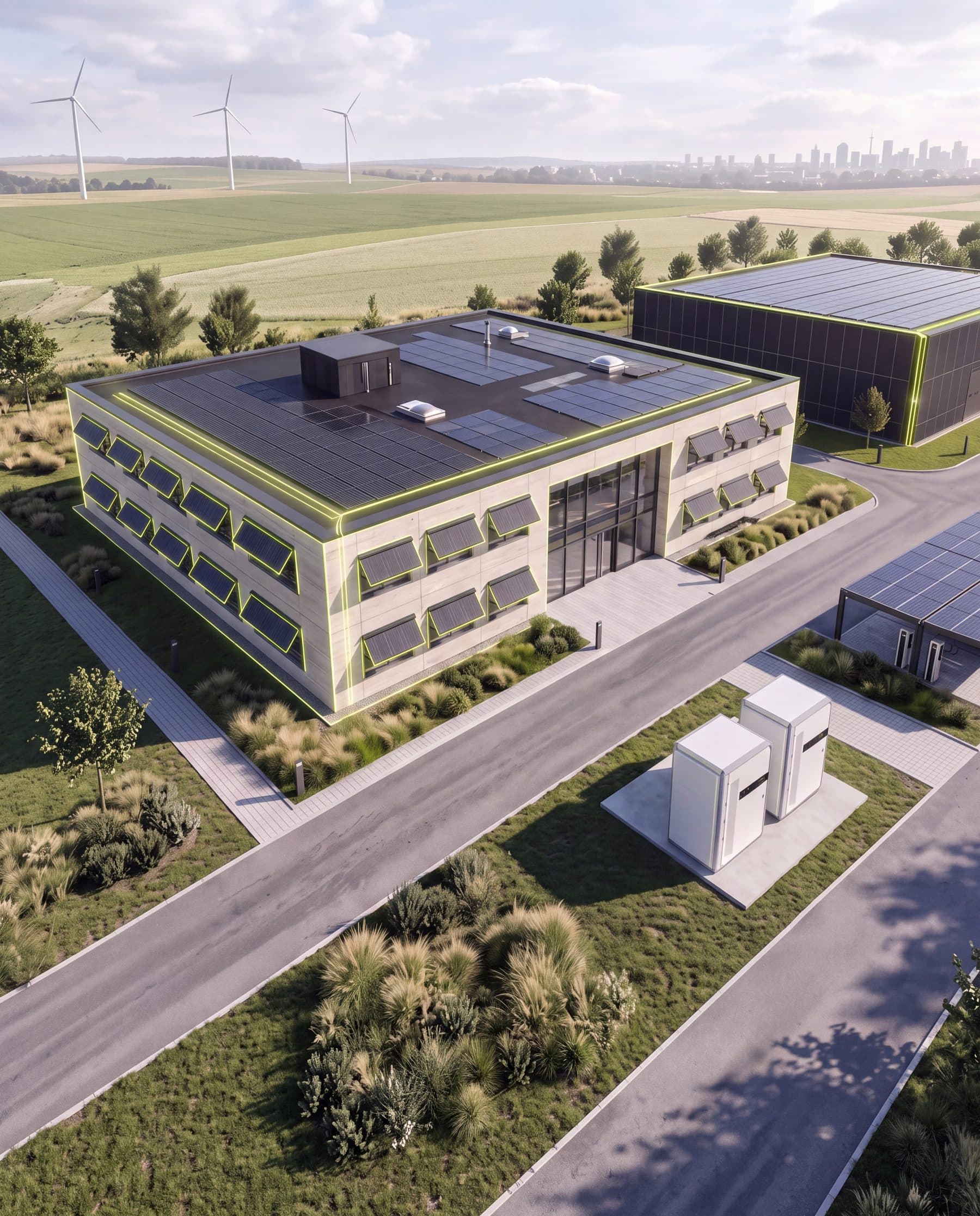 Gewerbecampus mit Batteriespeichern, PV-Dach, PV-Carport und Windkraft im Hintergrund