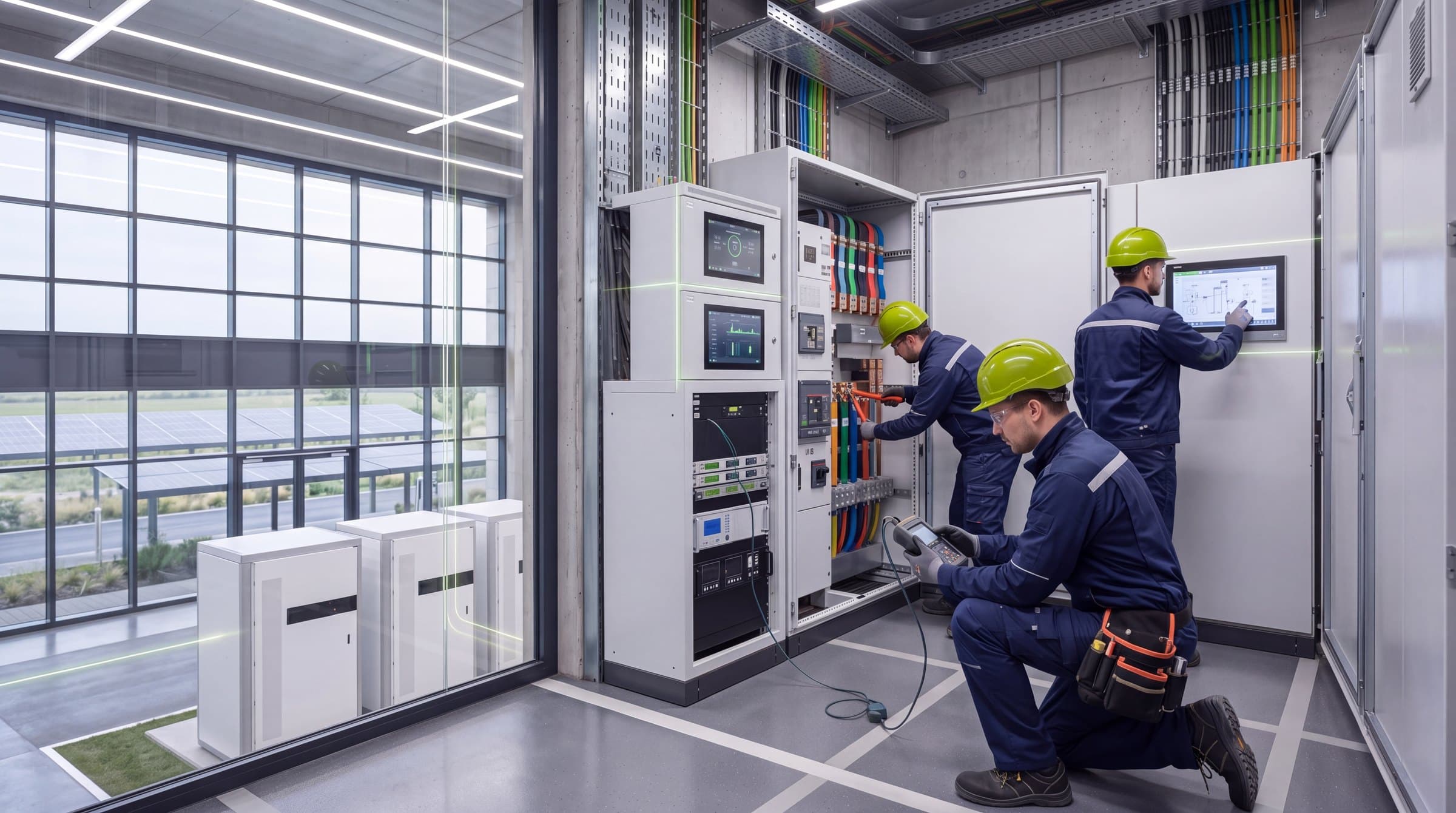 Technikraum mit Wechselrichtern, Batteriespeicher und Monitoring-Displays