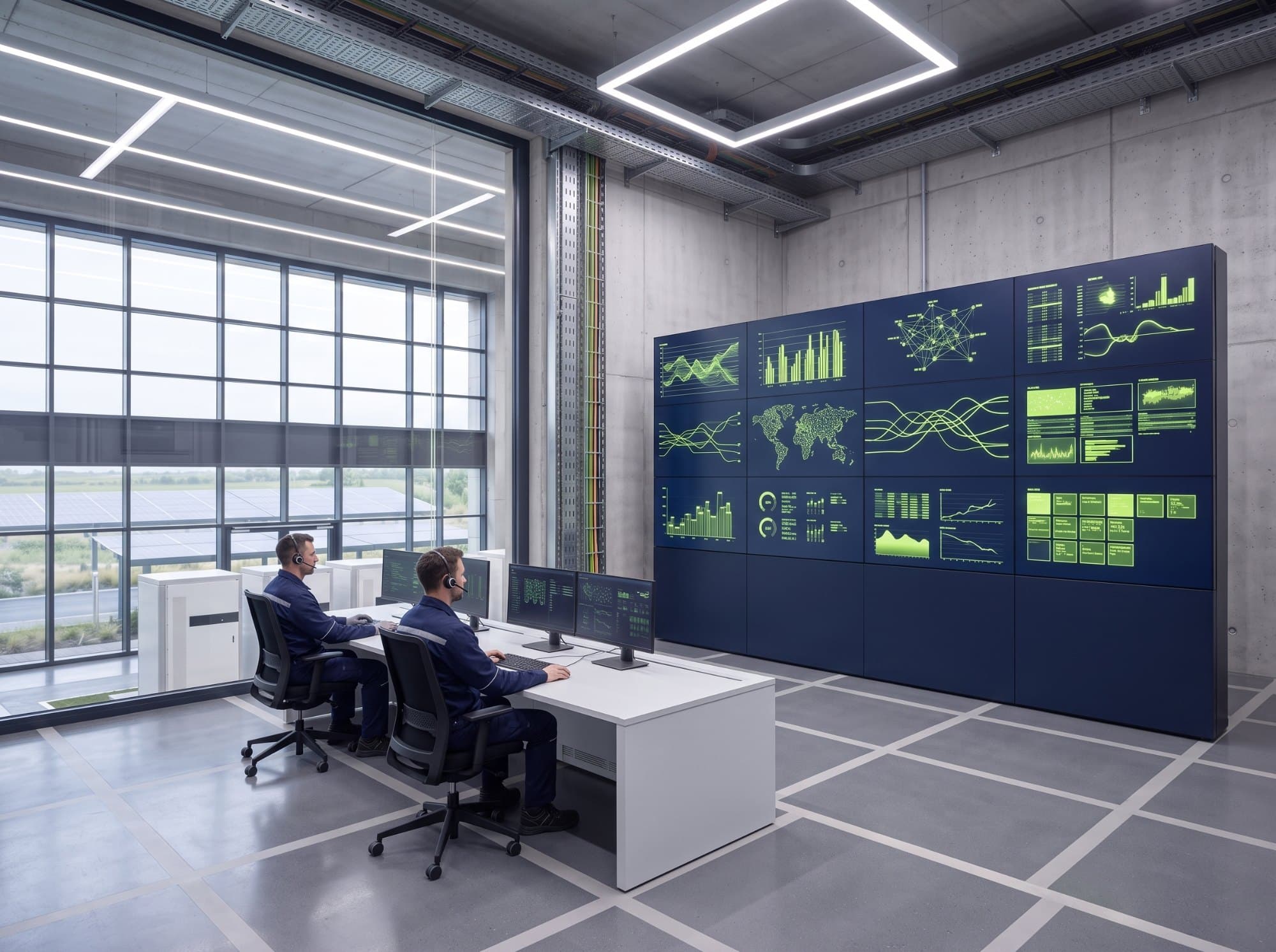 Servicezentrale mit Monitoring-Wand, rund um die Uhr besetzt