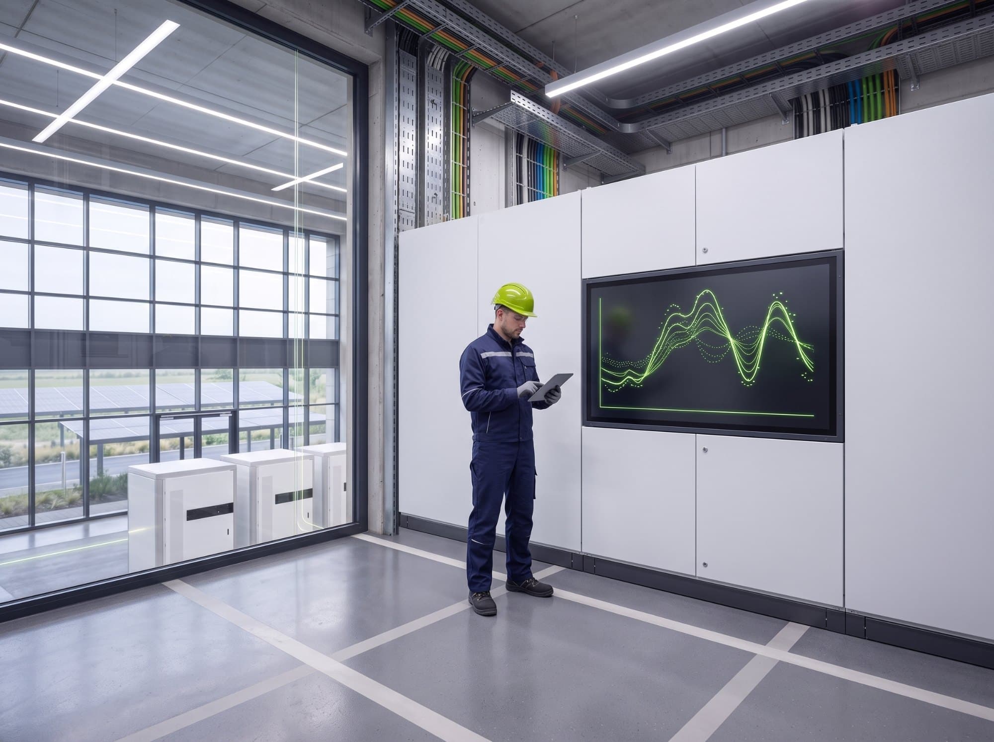 Techniker mit Tablet vor der Wechselrichterwand beim Optimieren der Anlage