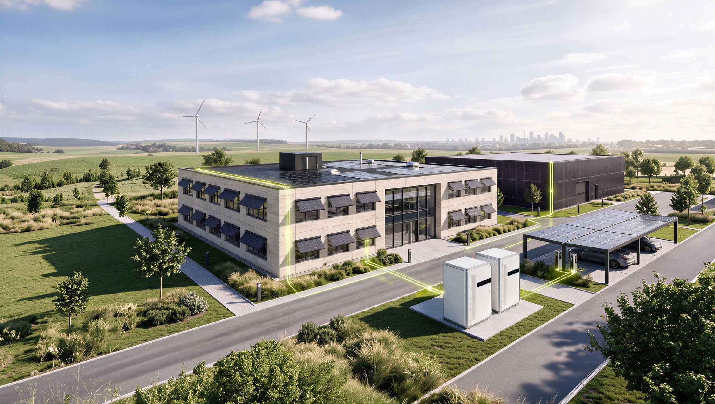 Industriecampus mit PV-Fassade, Solar-Carport, Speicher und Windrädern bei Tageslicht