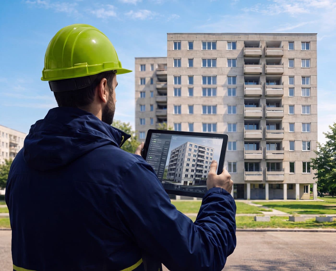 Projektleiter mit Tablet vor einem Industriegebäude