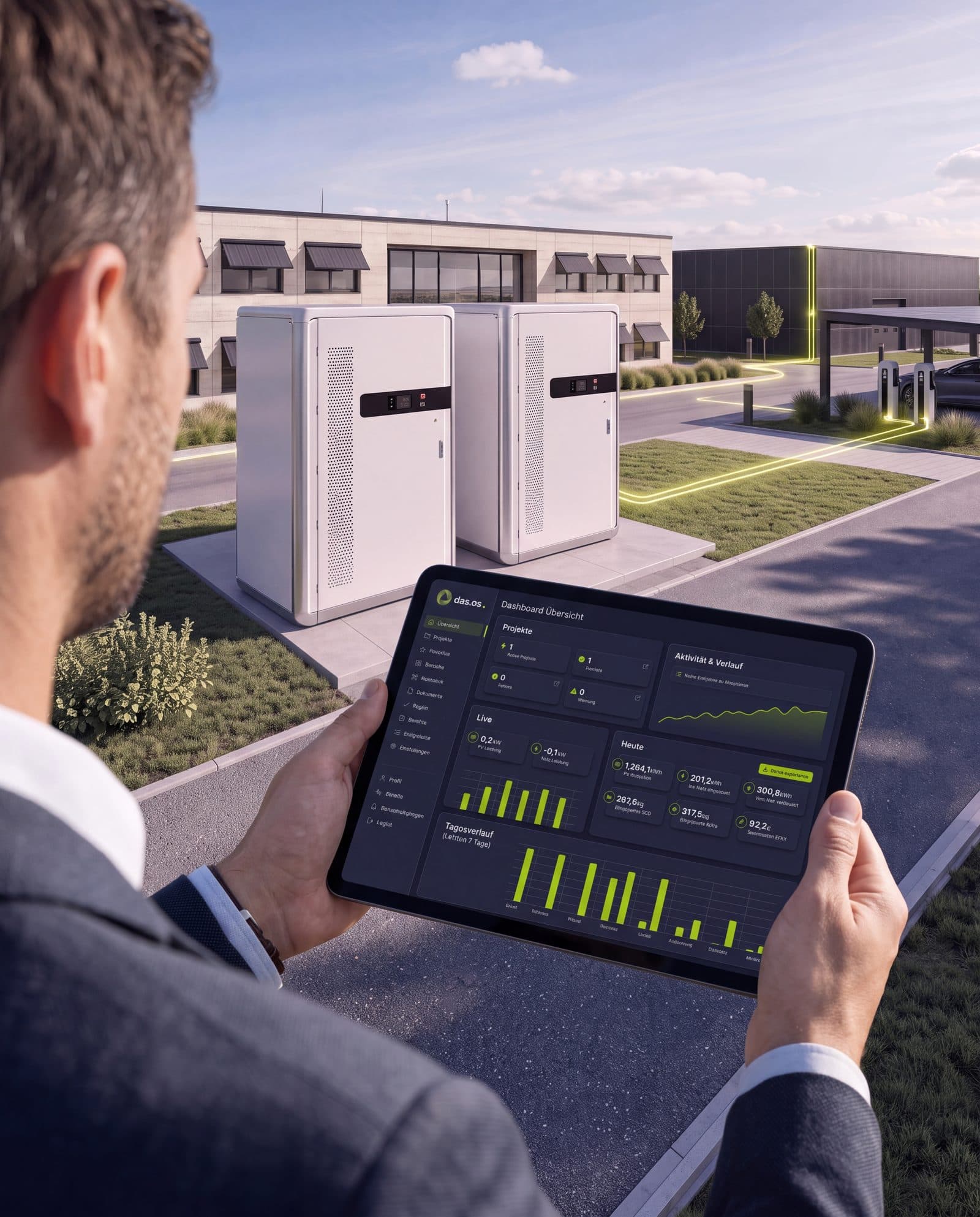 das.os Dashboard am Tablet: Live-Leistung, Tagesverlauf und Erträge im Blick