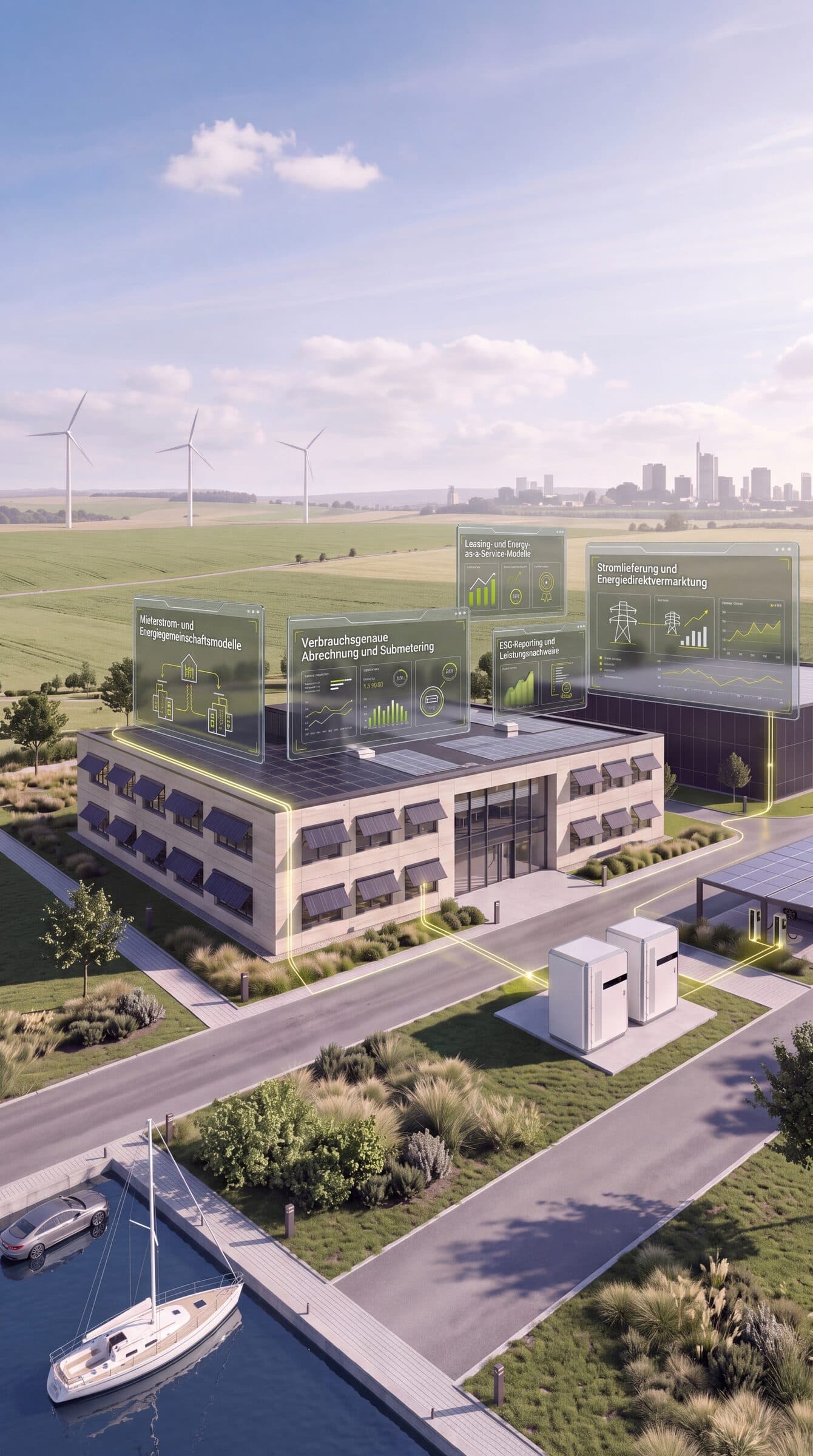 Gewerbegebäude mit Photovoltaik, Speicher und Ladeinfrastruktur, darüber schwebende Datenpanels zu Abrechnung, Leasing und Direktvermarktung