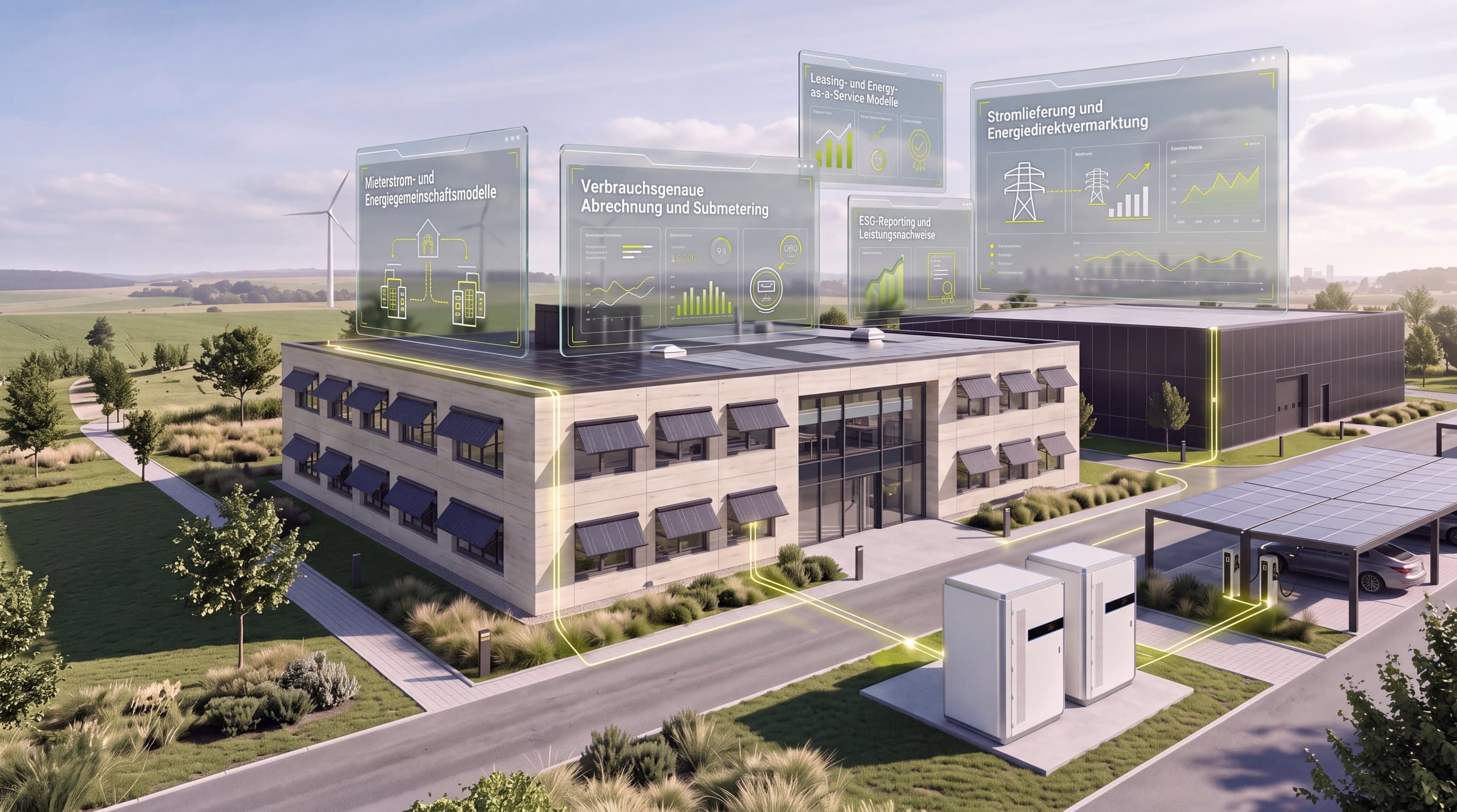 Gewerbegebäude mit Photovoltaik, Speicher und Ladeinfrastruktur, darüber schwebende Datenpanels zu Abrechnung, Leasing und Direktvermarktung