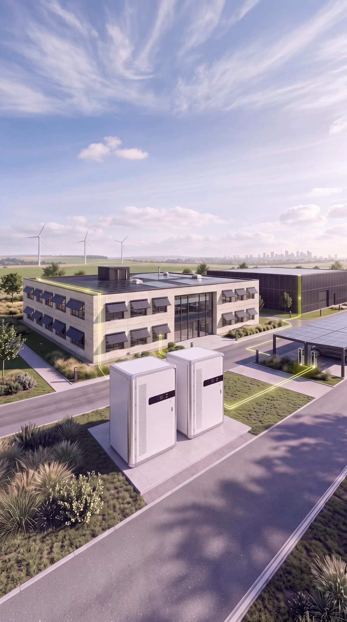 Industriecampus mit PV-Fassade, Solar-Carport, Speicher und Windrädern bei Tageslicht
