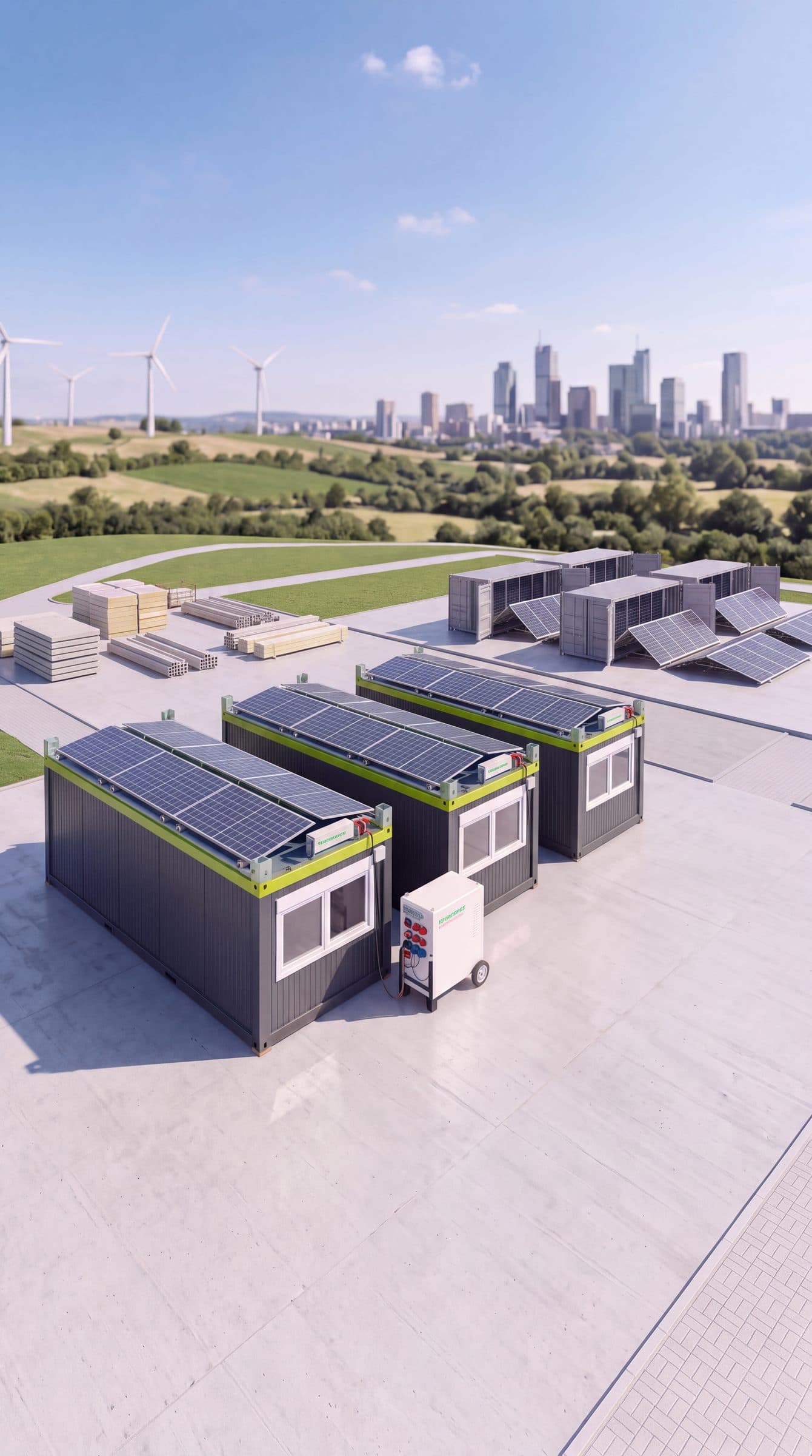 Baustelle mit mobilen Energiecontainern und Photovoltaik-Dach