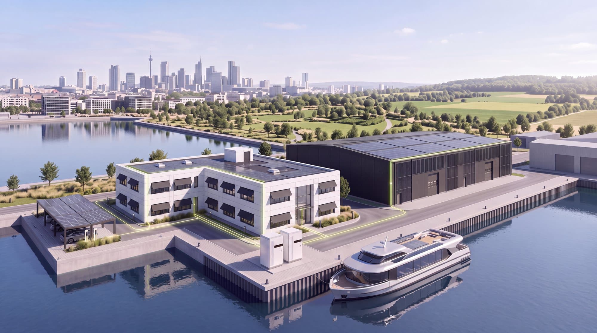 Hafen mit Fähre, Leicht-PV auf Schiff und Hallendächern, Speicher und Ladeinfrastruktur