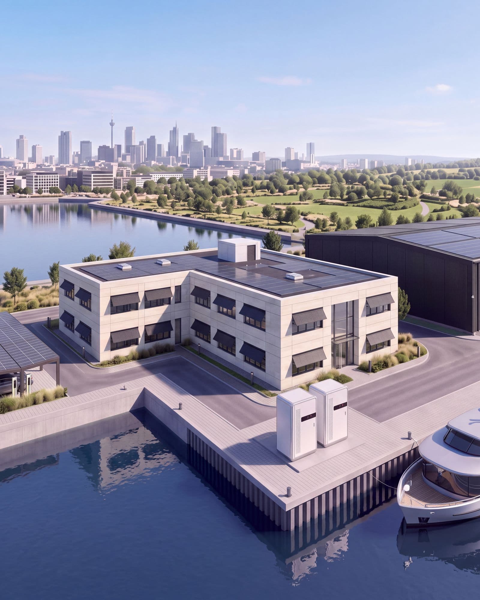 Hafenquartier mit PV-Bürogebäude, Batteriespeichern am Kai und Yacht am Steg
