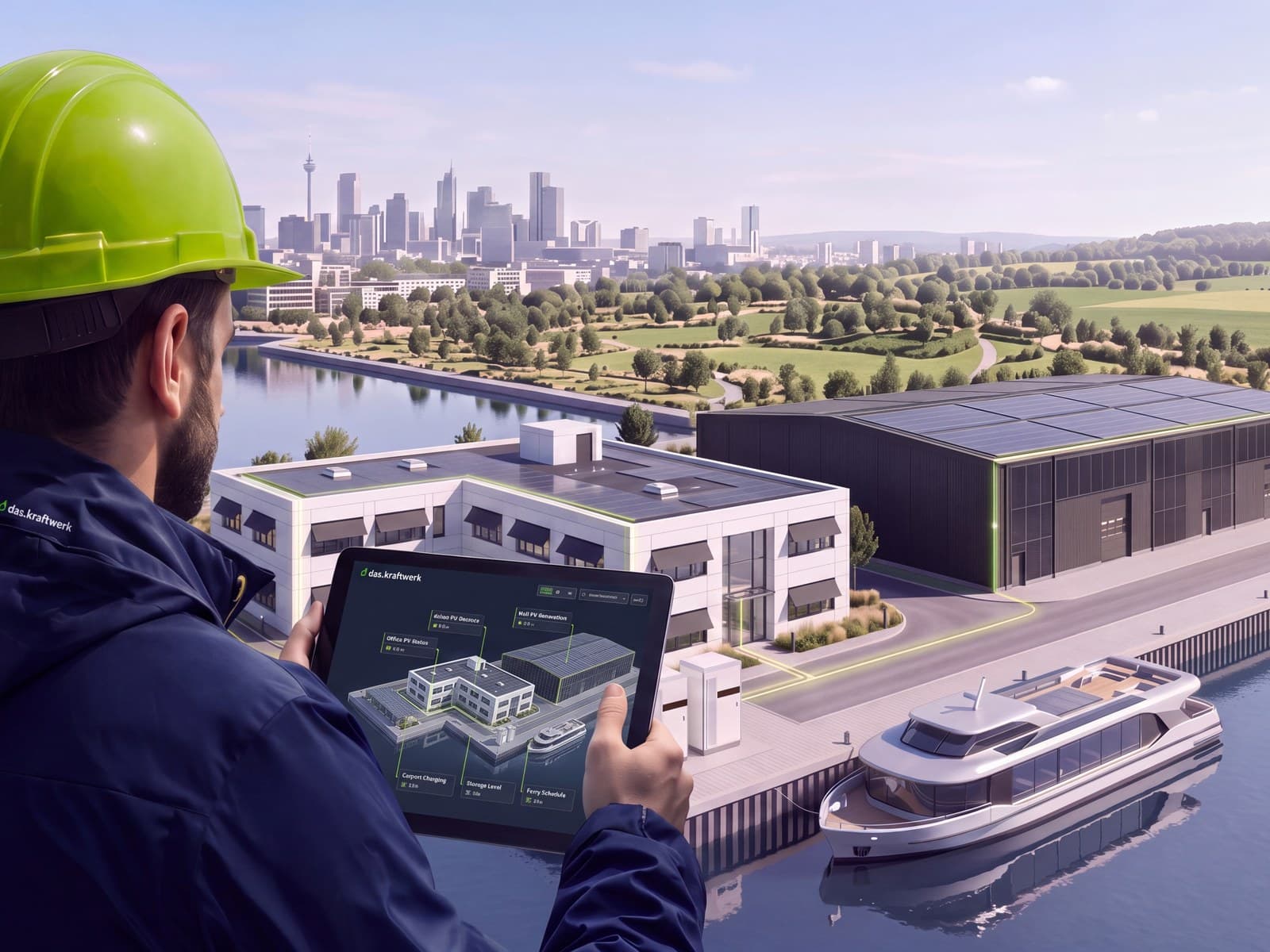 Projektleiter mit Tablet über einem Hafenareal mit Terminal, Halle und Fähre
