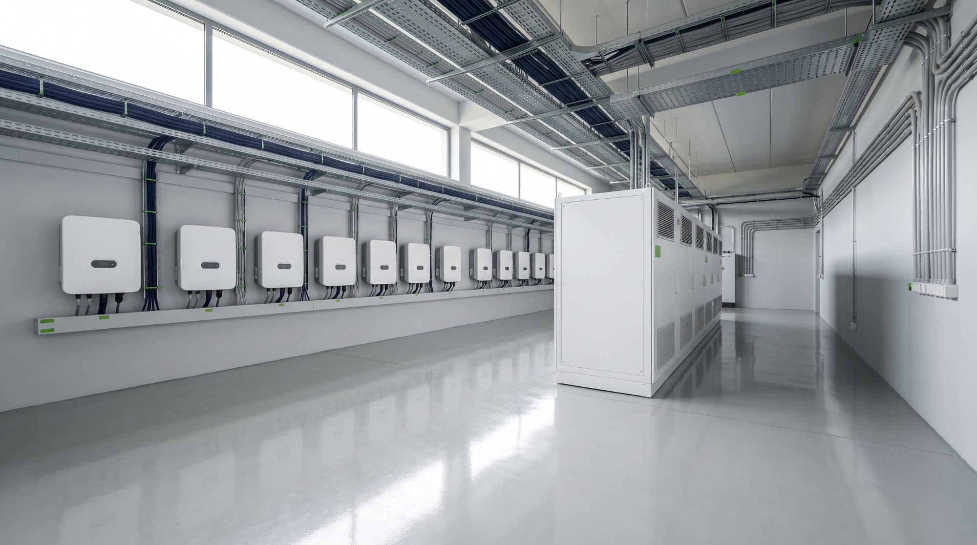 Technikzentrale mit Wechselrichterreihe und Speicherschrank