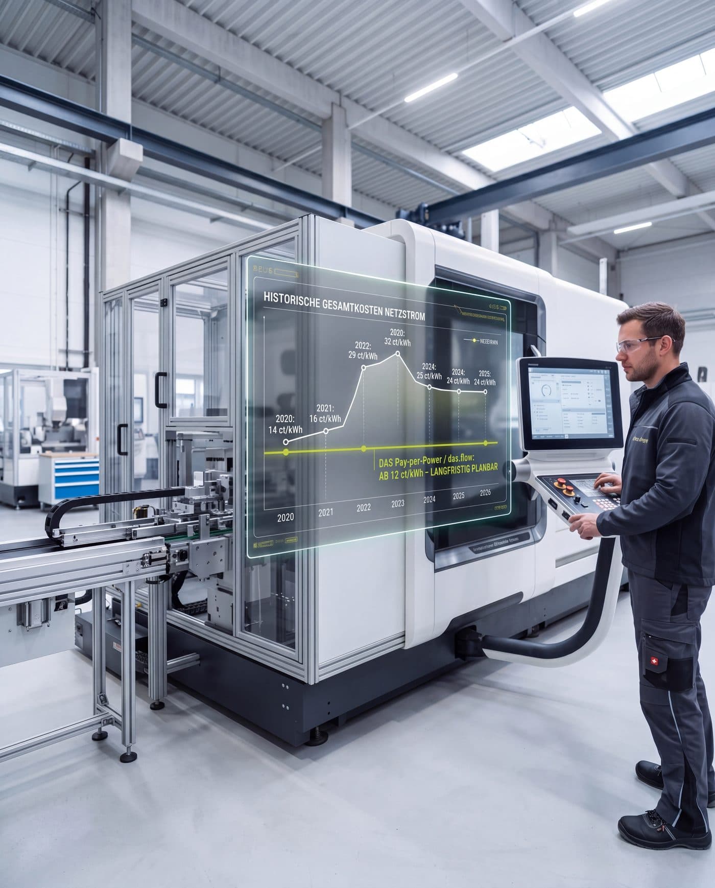Produktionshalle mit Bearbeitungszentrum: Strompreisverlauf gegenüber dem planbaren Pay-per-Power-Preis